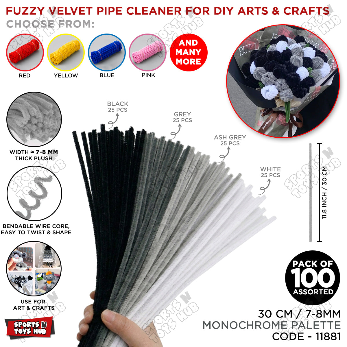 Fuzzy Pipe Cleaners Craft Stems 100 Pcs – 7-8mm Thick x 30cm Chenille Sticks for DIY Crafts, Kids Art Projects, School Activities, Handmade Flowers, Decorations & Creative Craft Supplies