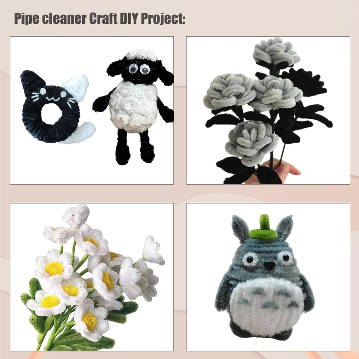 Monochrome Fuzzy Pipe Cleaners 100 Pcs - 30cm Chenille Craft Stems For DIY Arts & Crafts, School Projects, Handmade Flowers, Floral Crafts, Party Decorations, Home Décor & Creative Craft Supplies