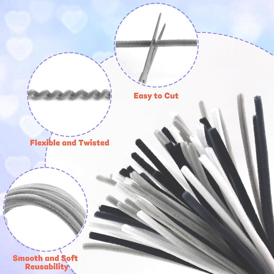 Monochrome Fuzzy Pipe Cleaners 100 Pcs - 30cm Chenille Craft Stems For DIY Arts & Crafts, School Projects, Handmade Flowers, Floral Crafts, Party Decorations, Home Décor & Creative Craft Supplies