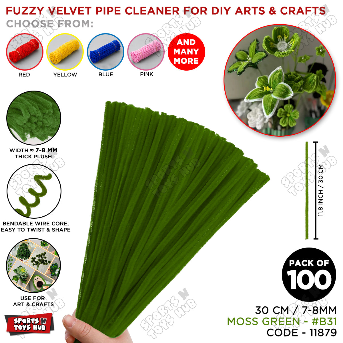 Fuzzy Pipe Cleaners Craft Stems 100 Pcs – 7-8mm Thick x 30cm Chenille Sticks for DIY Crafts, Kids Art Projects, School Activities, Handmade Flowers, Decorations & Creative Craft Supplies