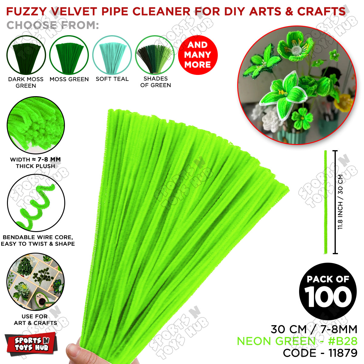 Shades of Green Fuzzy Chenille Craft Stems 100 Pcs – Soft 30cm x 7-8mm Flexible Pipe Cleaners for Handmade Flowers, DIY Crafts, School Activities, Kids Art Projects & Home Décor