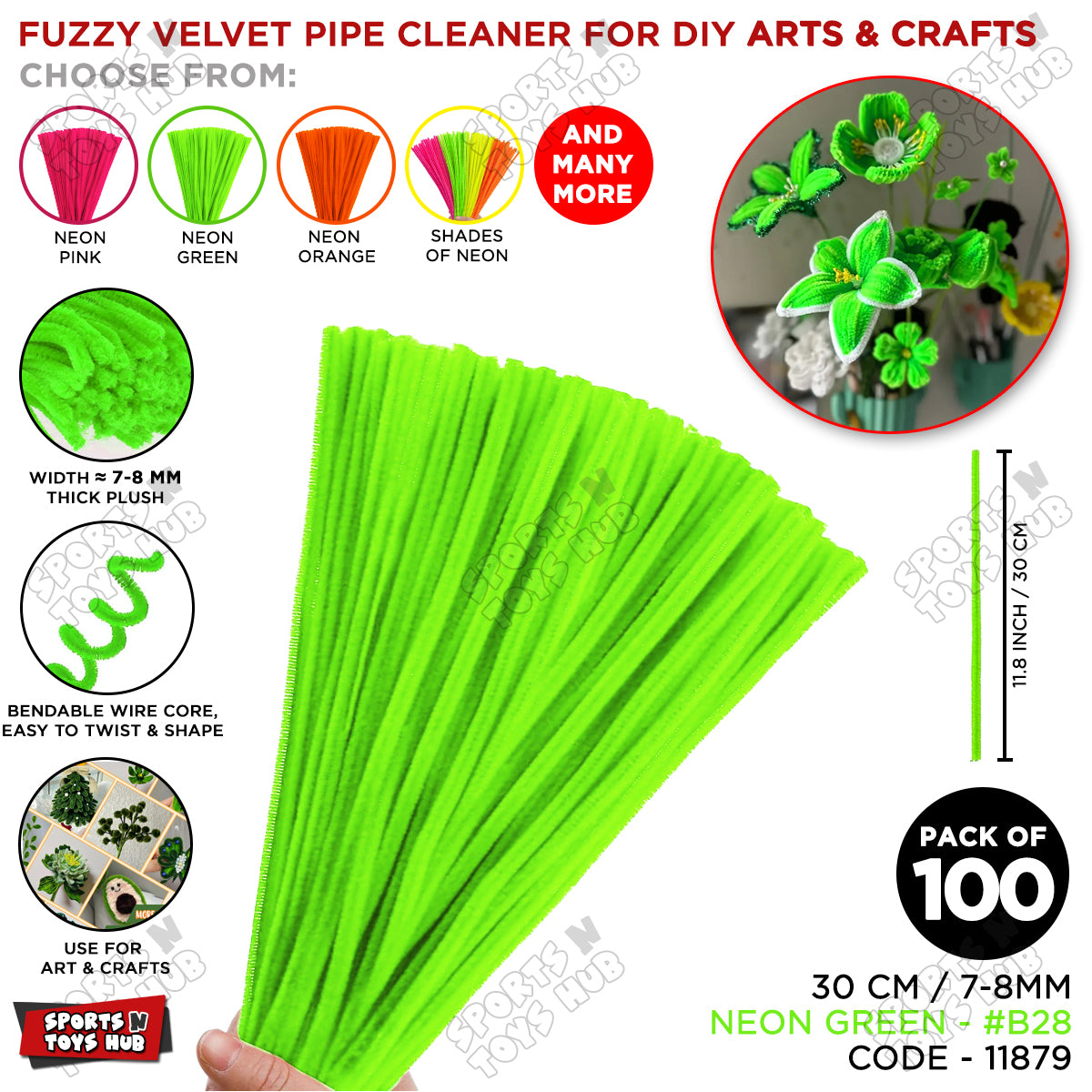 Neon Color Fuzzy Pipe Cleaners 100 Pcs – Premium Chenille Craft Stems 30cm, 7-8mm Thick Flexible Pipe Cleaner Sticks for DIY Arts & Crafts, Kids Creative Projects, School Craft Supplies