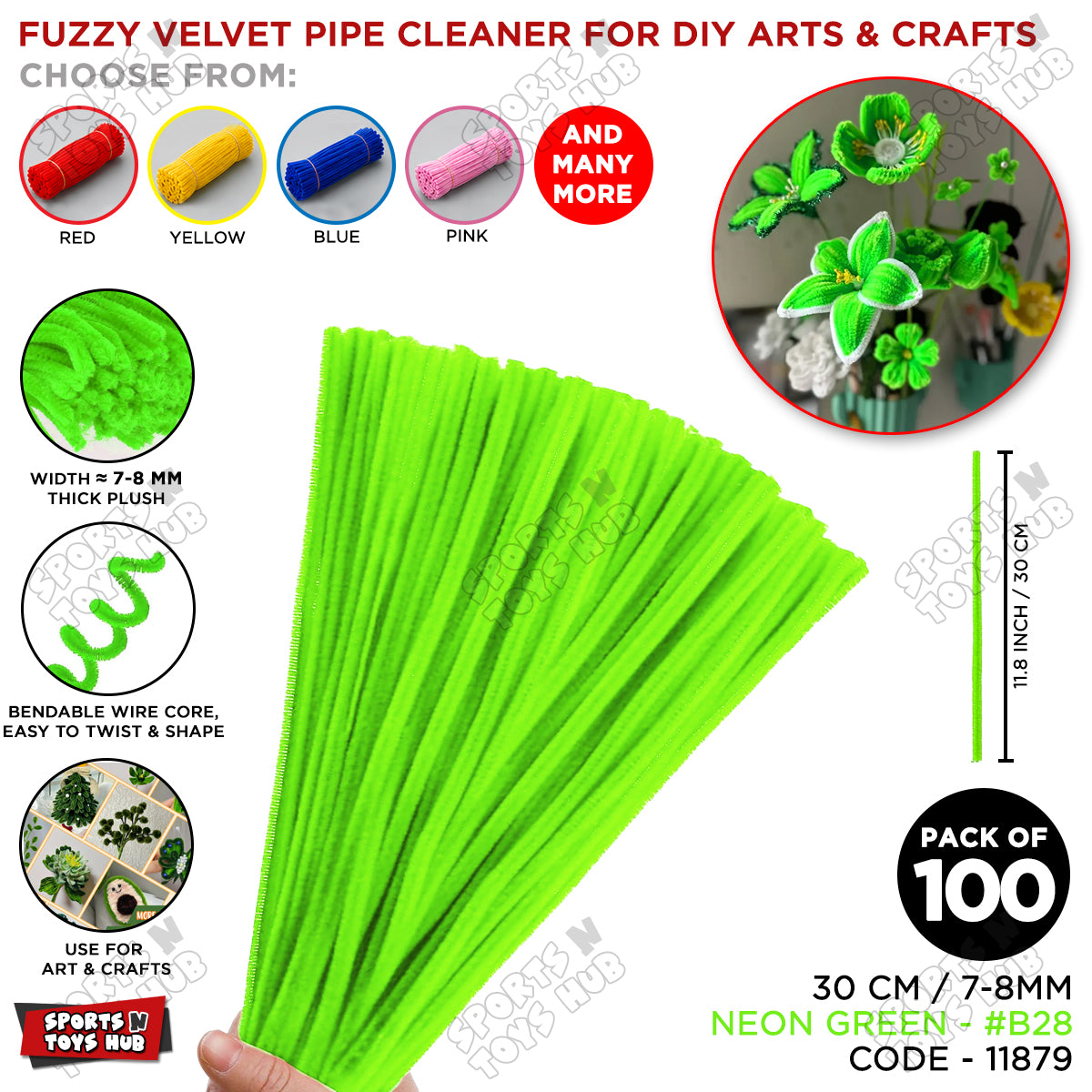 Fuzzy Pipe Cleaners Craft Stems 100 Pcs – 7-8mm Thick x 30cm Chenille Sticks for DIY Crafts, Kids Art Projects, School Activities, Handmade Flowers, Decorations & Creative Craft Supplies