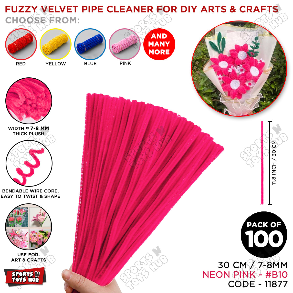 Fuzzy Pipe Cleaners Craft Stems 100 Pcs – 7-8mm Thick x 30cm Chenille Sticks for DIY Crafts, Kids Art Projects, School Activities, Handmade Flowers, Decorations & Creative Craft Supplies