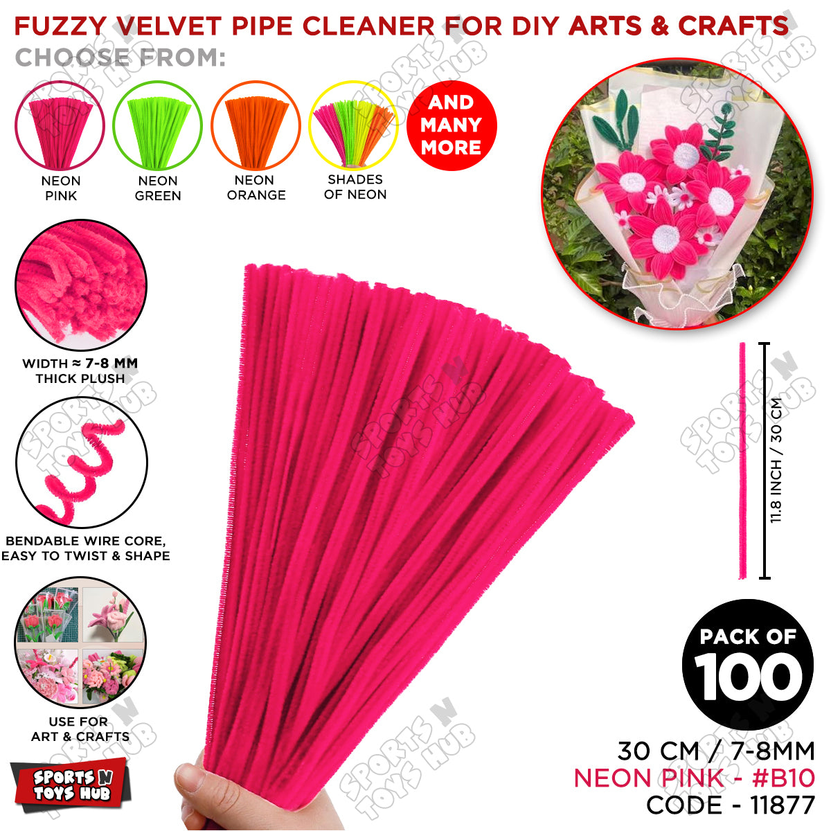 Neon Color Fuzzy Pipe Cleaners 100 Pcs – Premium Chenille Craft Stems 30cm, 7-8mm Thick Flexible Pipe Cleaner Sticks for DIY Arts & Crafts, Kids Creative Projects, School Craft Supplies