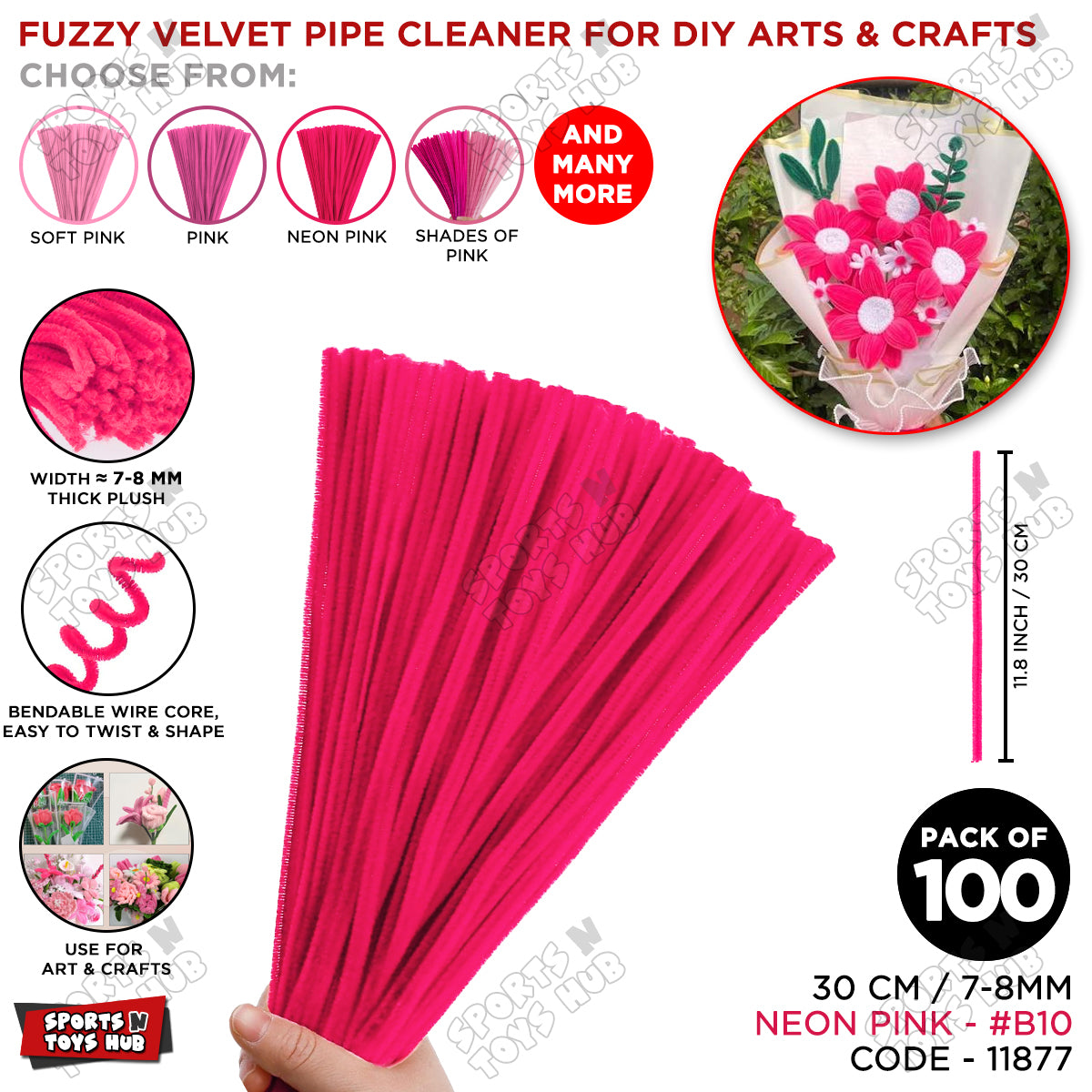 Shades of Pink Fuzzy Chenille Craft Stems 100 Pcs – 30cm x 7-8mm Flexible Pipe Cleaners for Handmade Flowers, DIY Crafts, School Activities, Kids Art Projects & Home Décor