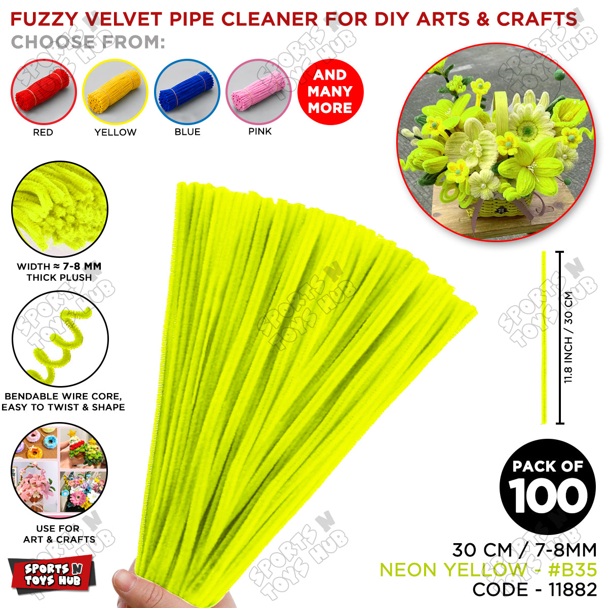 Fuzzy Pipe Cleaners Craft Stems 100 Pcs – 7-8mm Thick x 30cm Chenille Sticks for DIY Crafts, Kids Art Projects, School Activities, Handmade Flowers, Decorations & Creative Craft Supplies