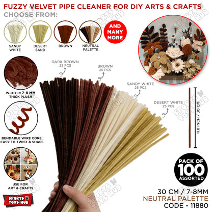 Neutral Palette Fuzzy Pipe Cleaners 100 Pack – Premium 30cm x 7-8mm Thick Chenille Craft Stems for DIY Arts & Crafts, Kids School Projects, Handmade Flowers, Floral Crafts, Party Decorations, Home Décor & Creative Craft Supplies