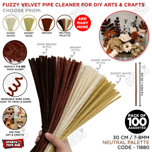 Neutral Palette Fuzzy Pipe Cleaners 100 Pack – Premium 30cm x 7-8mm Thick Chenille Craft Stems for DIY Arts & Crafts, Kids School Projects, Handmade Flowers, Floral Crafts, Party Decorations, Home Décor & Creative Craft Supplies