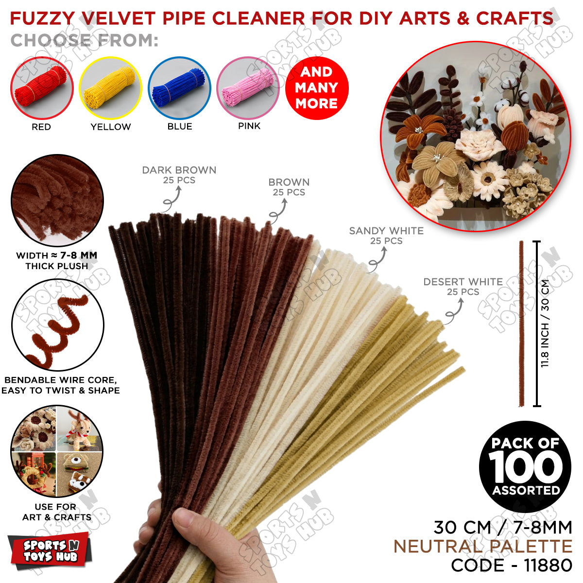 Fuzzy Pipe Cleaners Craft Stems 100 Pcs – 7-8mm Thick x 30cm Chenille Sticks for DIY Crafts, Kids Art Projects, School Activities, Handmade Flowers, Decorations & Creative Craft Supplies