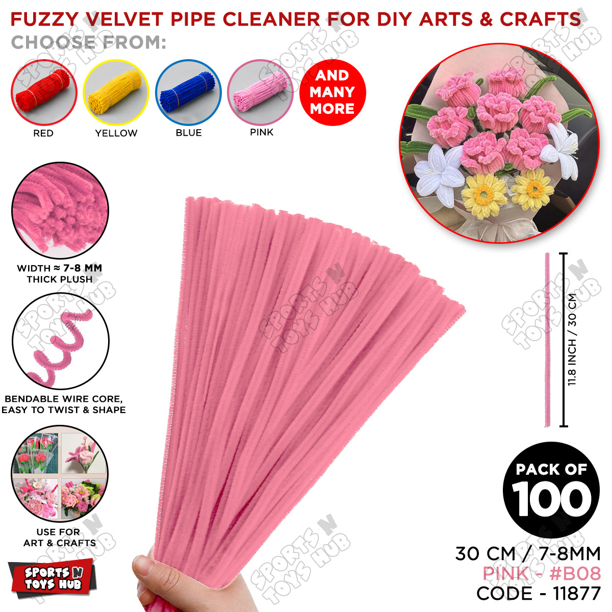 Fuzzy Pipe Cleaners Craft Stems 100 Pcs – 7-8mm Thick x 30cm Chenille Sticks for DIY Crafts, Kids Art Projects, School Activities, Handmade Flowers, Decorations & Creative Craft Supplies