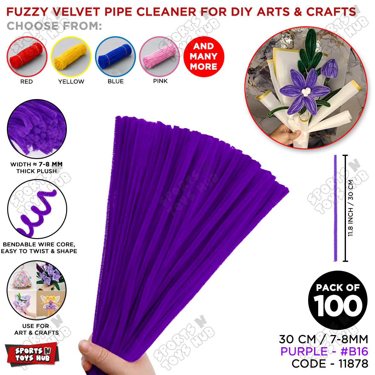 Fuzzy Pipe Cleaners Craft Stems 100 Pcs – 7-8mm Thick x 30cm Chenille Sticks for DIY Crafts, Kids Art Projects, School Activities, Handmade Flowers, Decorations & Creative Craft Supplies