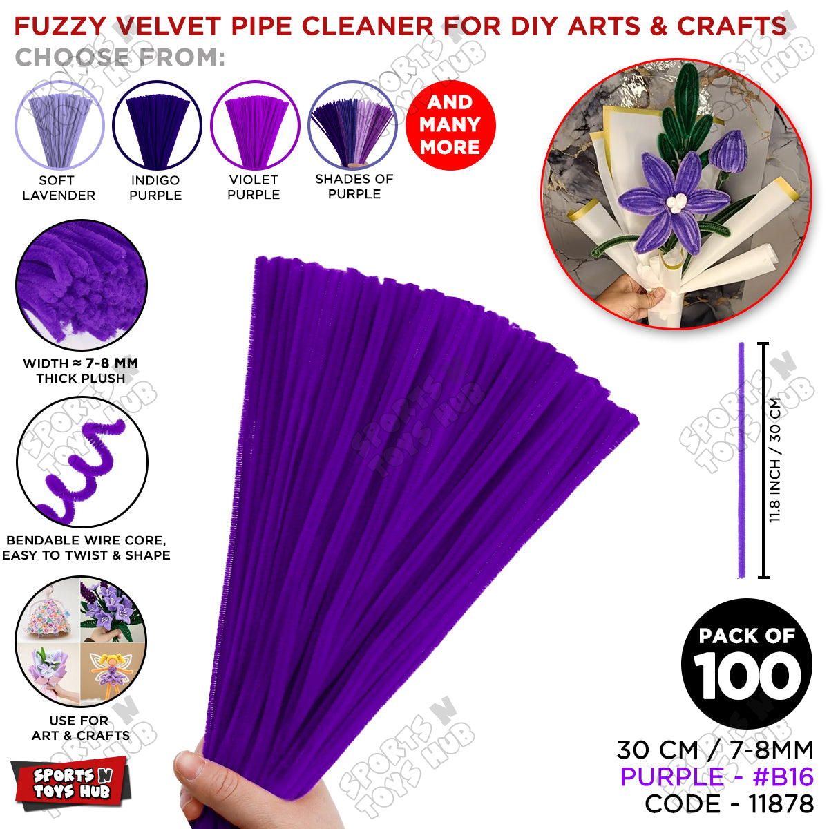 Shades of Purple Fuzzy Chenille Craft Stems 100 Pcs – 30cm x 7-8mm Flexible Pipe Cleaners for Handmade Flowers, DIY Crafts, School Activities, Kids Art Projects & Home Décor