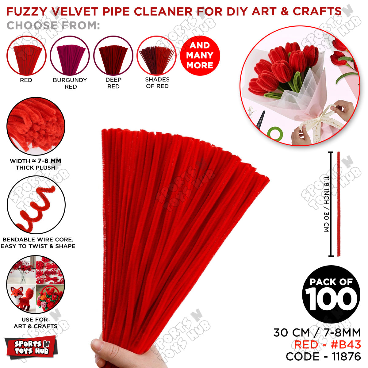 Shades of Red Fuzzy Pipe Cleaners 100 Pcs – 30cm Chenille Craft Stems For DIY Arts & Crafts, School Projects, Handmade Flowers, Floral Crafts & Decorations
