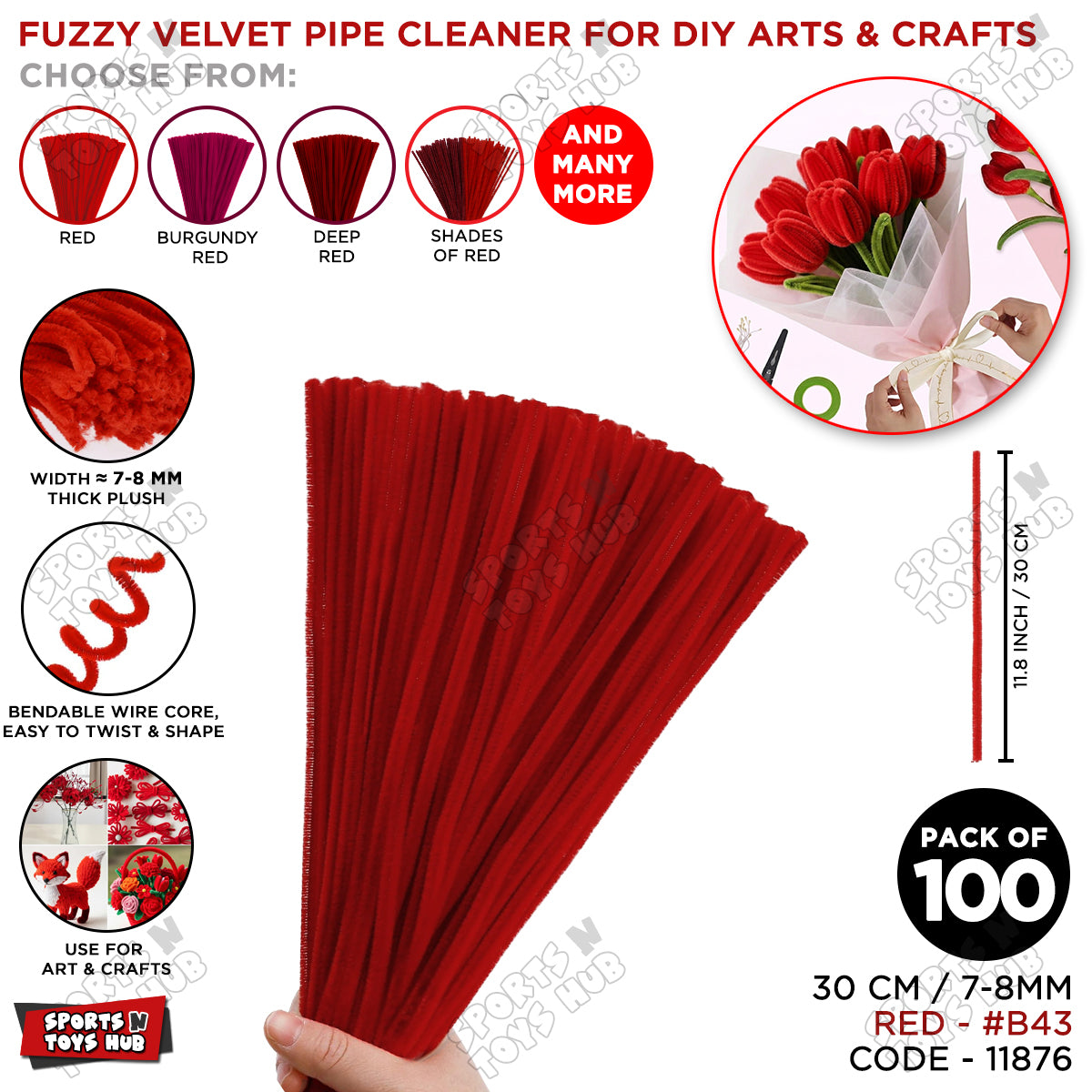 Shades of Red Fuzzy Pipe Cleaners 100 Pcs – 30cm Chenille Craft Stems For DIY Arts & Crafts, School Projects, Handmade Flowers, Floral Crafts & Decorations