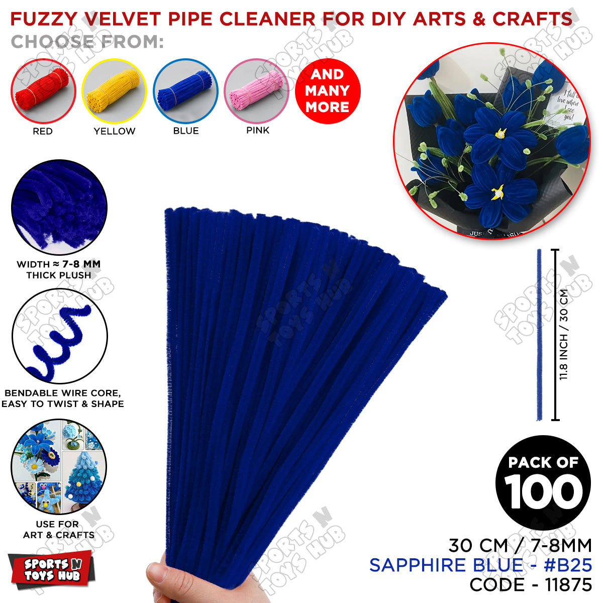 Fuzzy Pipe Cleaners Craft Stems 100 Pcs – 7-8mm Thick x 30cm Chenille Sticks for DIY Crafts, Kids Art Projects, School Activities, Handmade Flowers, Decorations & Creative Craft Supplies