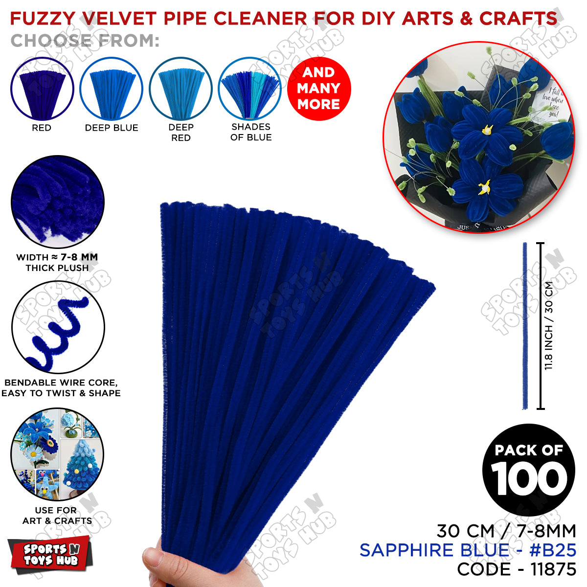 Shades of Blue Fuzzy Pipe Cleaners Craft Stems 100 Pcs – Premium 30cm x 7-8mm Chenille Sticks for DIY Crafts, Kids Art Projects, School Activities, Handmade Flowers, Decorations & Creative Craft Supplies