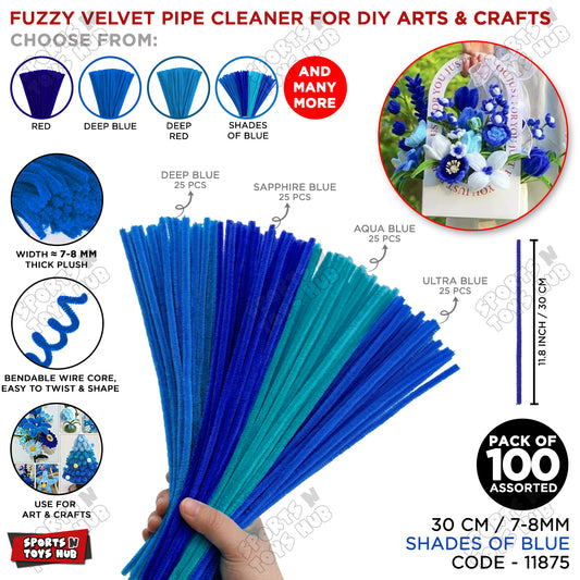 Shades of Blue Fuzzy Pipe Cleaners Craft Stems 100 Pcs – Premium 30cm x 7-8mm Chenille Sticks for DIY Crafts, Kids Art Projects, School Activities, Handmade Flowers, Decorations & Creative Craft Supplies