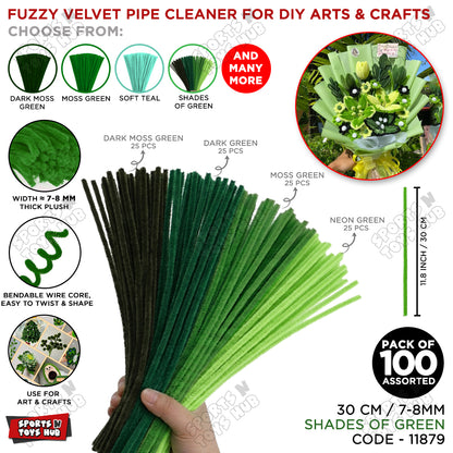 Shades of Green Fuzzy Chenille Craft Stems 100 Pcs – Soft 30cm x 7-8mm Flexible Pipe Cleaners for Handmade Flowers, DIY Crafts, School Activities, Kids Art Projects & Home Décor