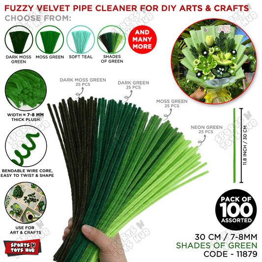Shades of Green Fuzzy Chenille Craft Stems 100 Pcs – Soft 30cm x 7-8mm Flexible Pipe Cleaners for Handmade Flowers, DIY Crafts, School Activities, Kids Art Projects & Home Décor