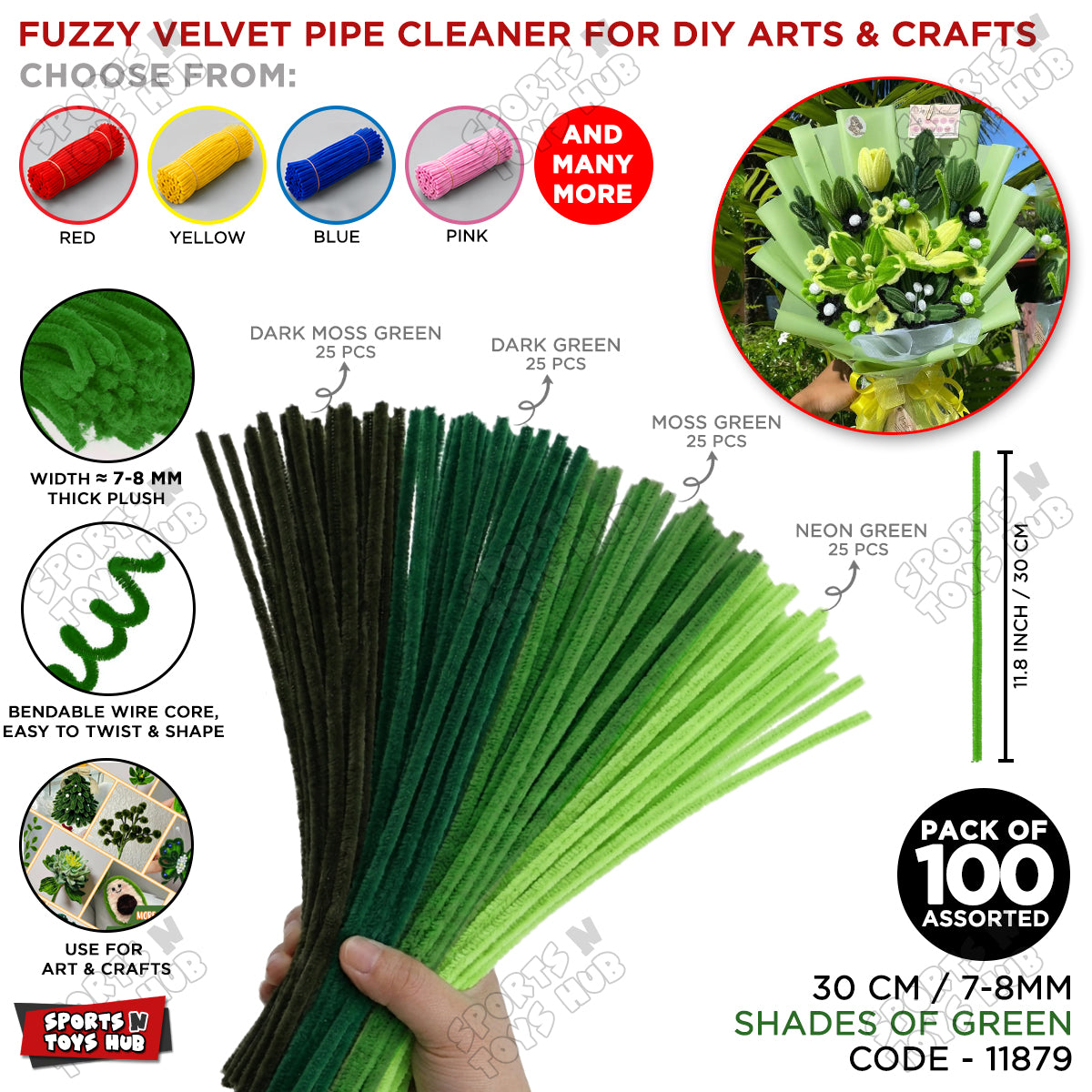 Fuzzy Pipe Cleaners Craft Stems 100 Pcs – 7-8mm Thick x 30cm Chenille Sticks for DIY Crafts, Kids Art Projects, School Activities, Handmade Flowers, Decorations & Creative Craft Supplies