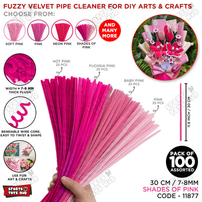 Shades of Pink Fuzzy Chenille Craft Stems 100 Pcs – 30cm x 7-8mm Flexible Pipe Cleaners for Handmade Flowers, DIY Crafts, School Activities, Kids Art Projects & Home Décor