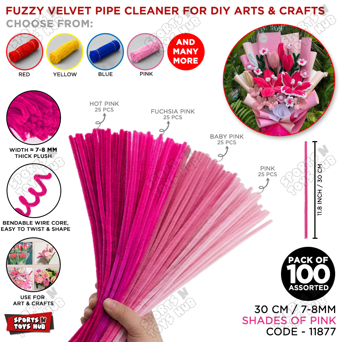 Fuzzy Pipe Cleaners Craft Stems 100 Pcs – 7-8mm Thick x 30cm Chenille Sticks for DIY Crafts, Kids Art Projects, School Activities, Handmade Flowers, Decorations & Creative Craft Supplies