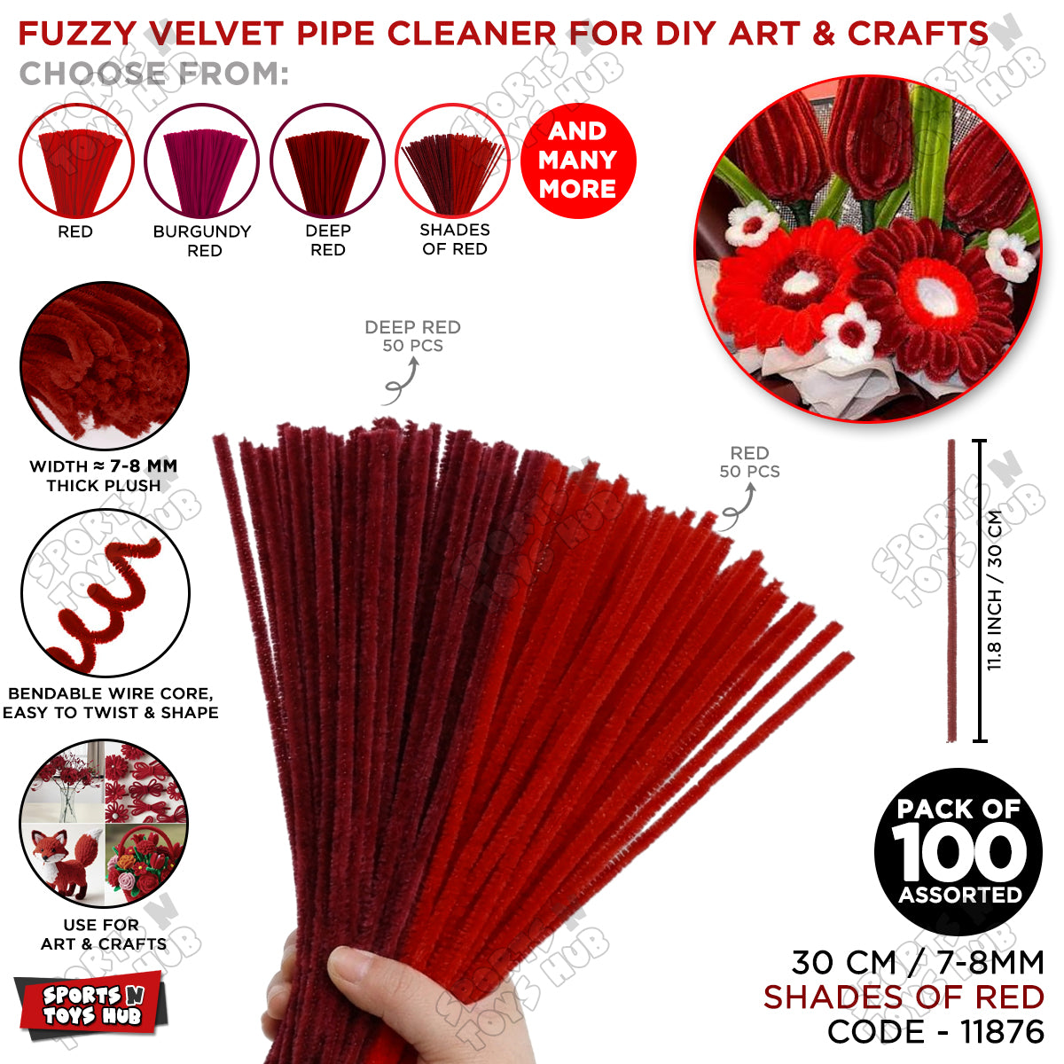 Shades of Red Fuzzy Pipe Cleaners 100 Pcs – 30cm Chenille Craft Stems For DIY Arts & Crafts, School Projects, Handmade Flowers, Floral Crafts & Decorations