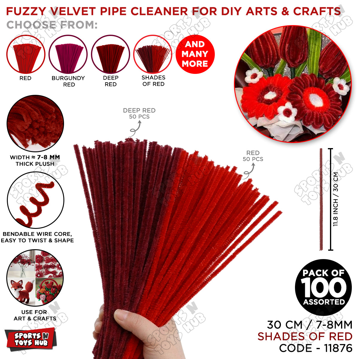 Shades of Red Fuzzy Pipe Cleaners 100 Pcs – 30cm Chenille Craft Stems For DIY Arts & Crafts, School Projects, Handmade Flowers, Floral Crafts & Decorations