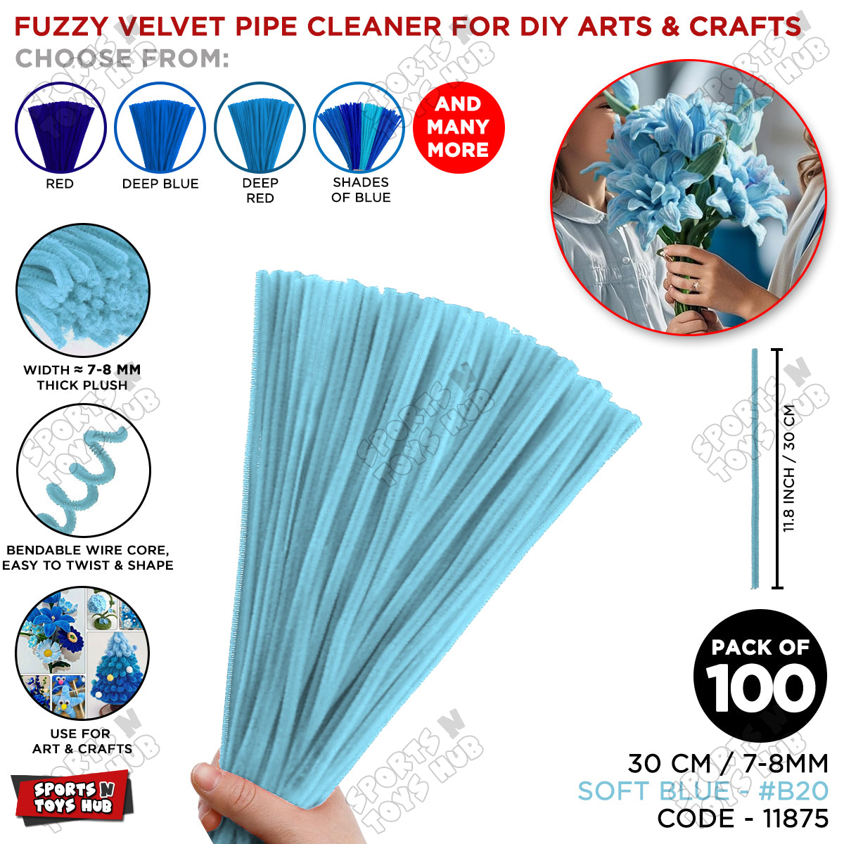 Shades of Blue Fuzzy Pipe Cleaners Craft Stems 100 Pcs – Premium 30cm x 7-8mm Chenille Sticks for DIY Crafts, Kids Art Projects, School Activities, Handmade Flowers, Decorations & Creative Craft Supplies