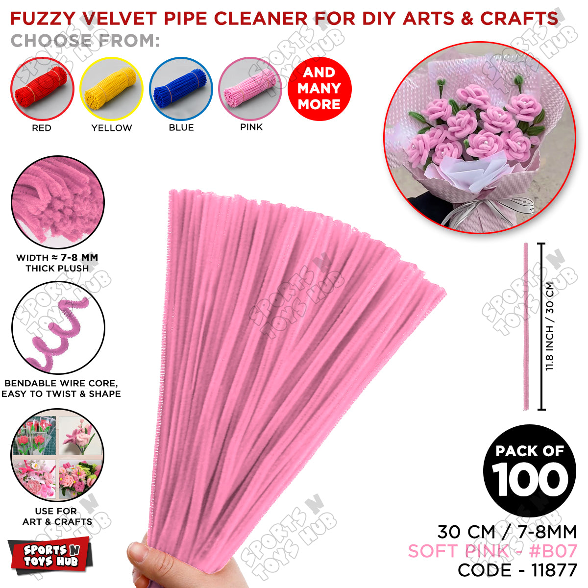 Fuzzy Pipe Cleaners Craft Stems 100 Pcs – 7-8mm Thick x 30cm Chenille Sticks for DIY Crafts, Kids Art Projects, School Activities, Handmade Flowers, Decorations & Creative Craft Supplies