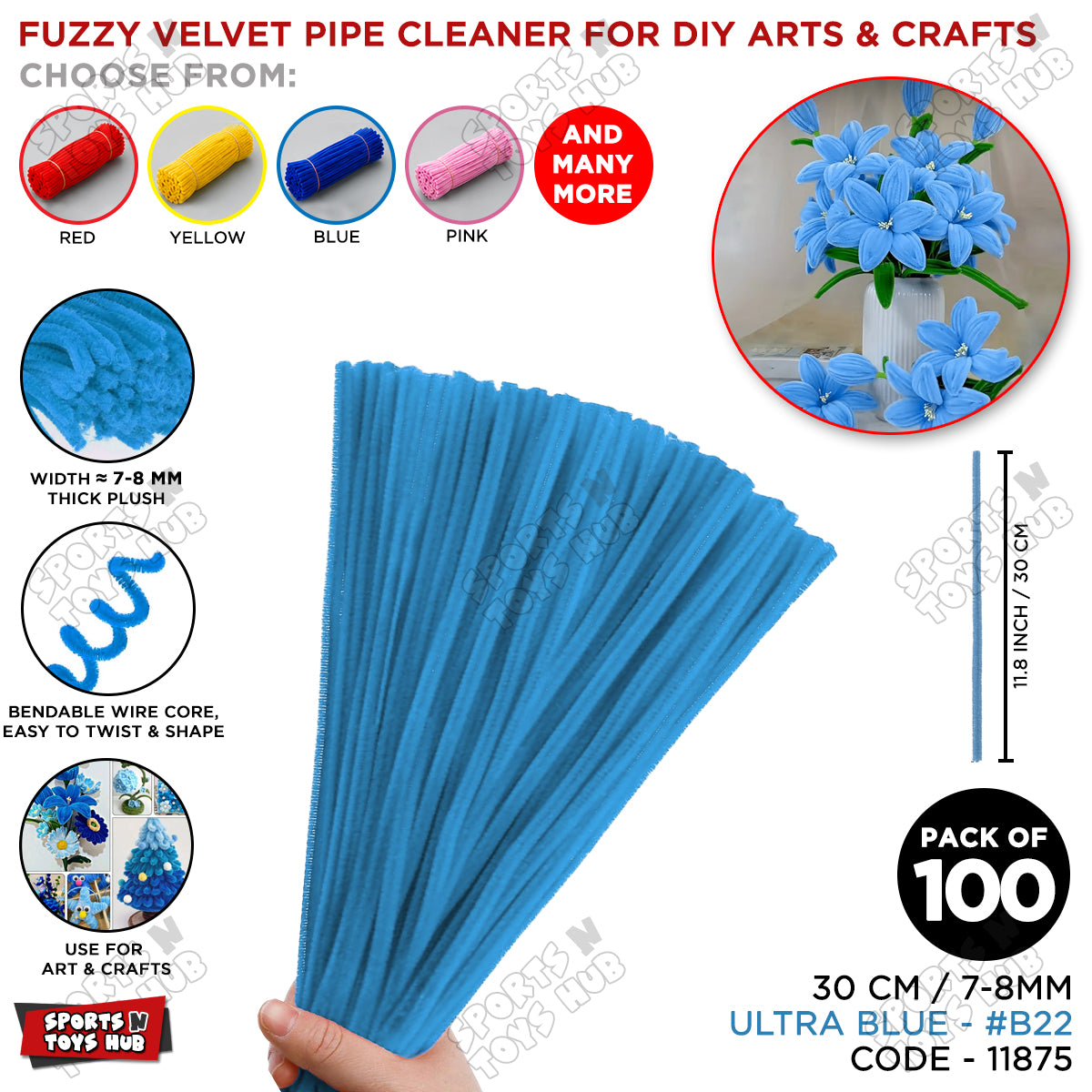 Fuzzy Pipe Cleaners Craft Stems 100 Pcs – 7-8mm Thick x 30cm Chenille Sticks for DIY Crafts, Kids Art Projects, School Activities, Handmade Flowers, Decorations & Creative Craft Supplies