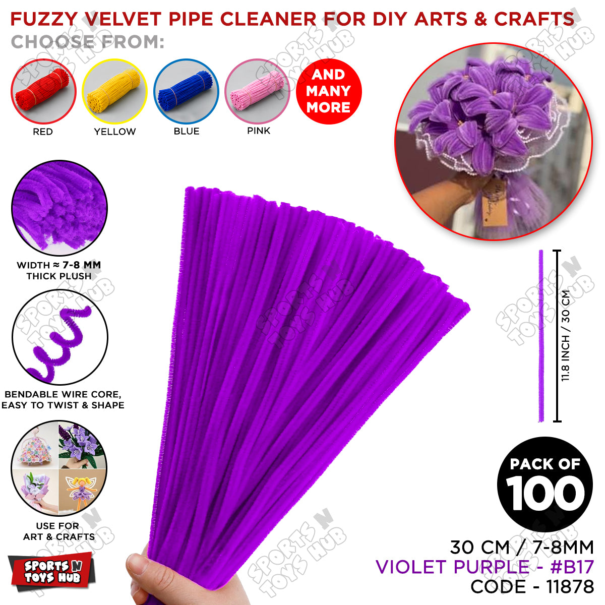 Fuzzy Pipe Cleaners Craft Stems 100 Pcs – 7-8mm Thick x 30cm Chenille Sticks for DIY Crafts, Kids Art Projects, School Activities, Handmade Flowers, Decorations & Creative Craft Supplies