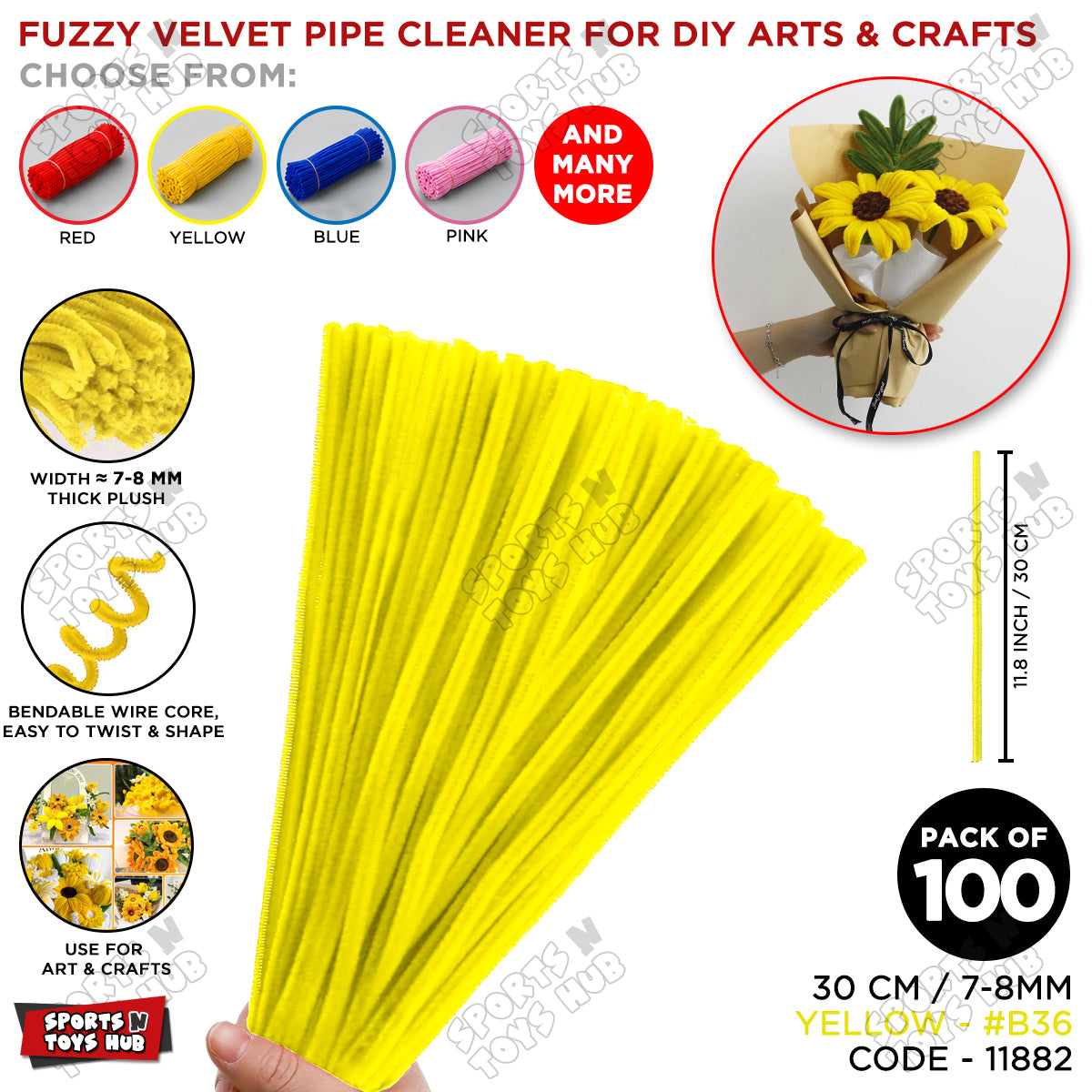 Fuzzy Pipe Cleaners Craft Stems 100 Pcs – 7-8mm Thick x 30cm Chenille Sticks for DIY Crafts, Kids Art Projects, School Activities, Handmade Flowers, Decorations & Creative Craft Supplies