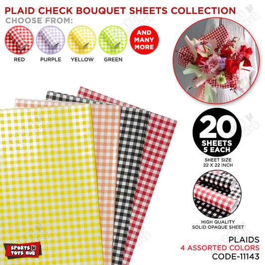 Plaid Checks Flower - Mix Color 20 Sheet Pack - Solid Opaque Wrapping Bouquet Sheets