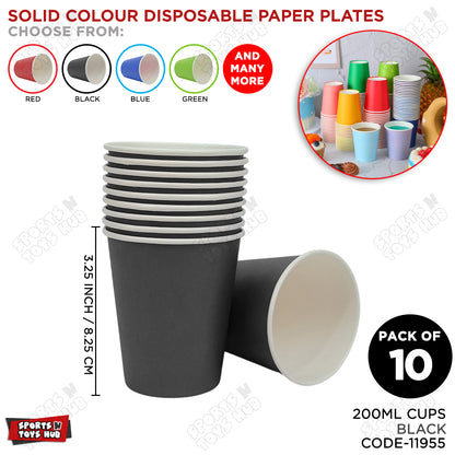 Black Solid Color Disposable Paper Plates & Cups Set – Pack of 10, Black Party Tableware for Birthday, Wedding, BBQ, Picnic, Catering, Snacks, Desserts, Food Serving & Event Decorations