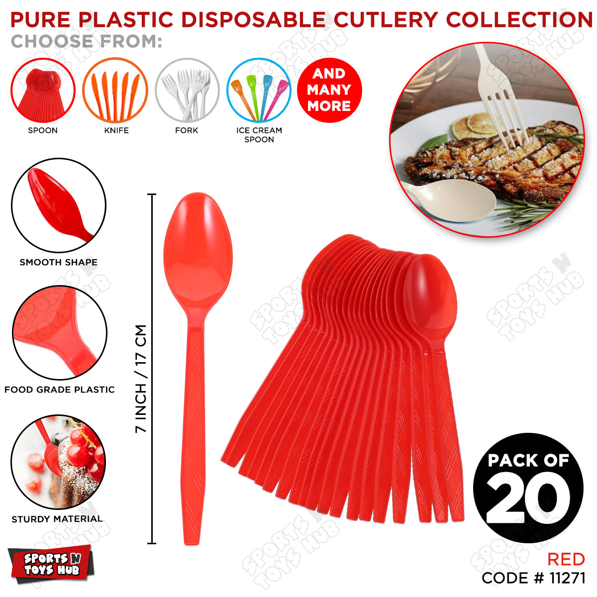 Disposable Solid Color Pure Plastic Spoons - Pack Of 20