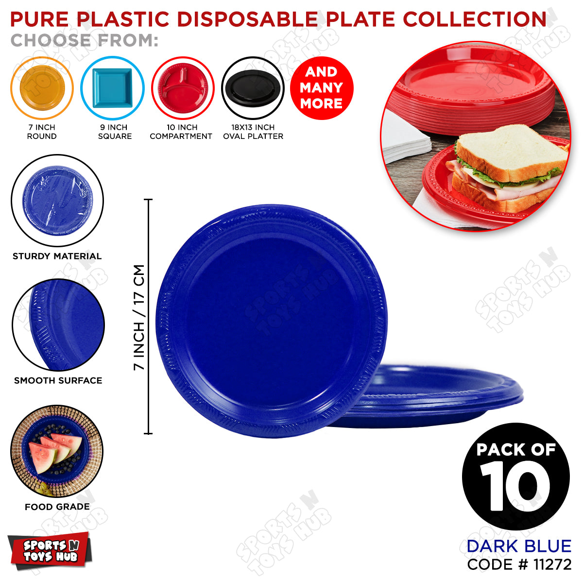 Solid Color Disposable Round Plastic Plates - 7 Inches - Pack of 10