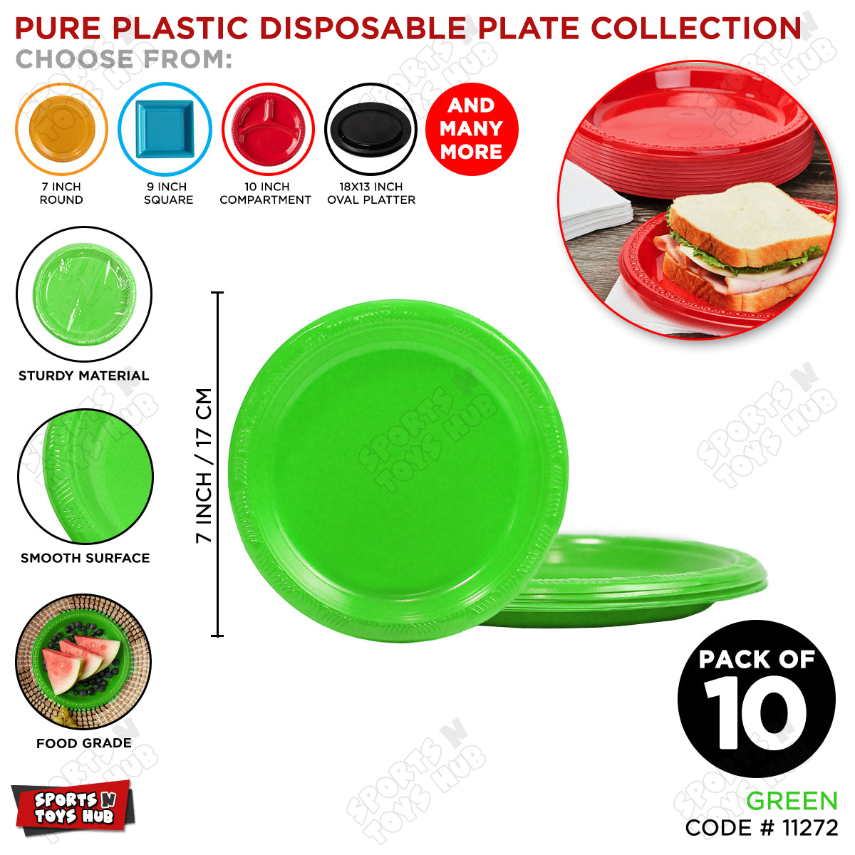Solid Color Disposable Round Plastic Plates - 7 Inches - Pack of 10