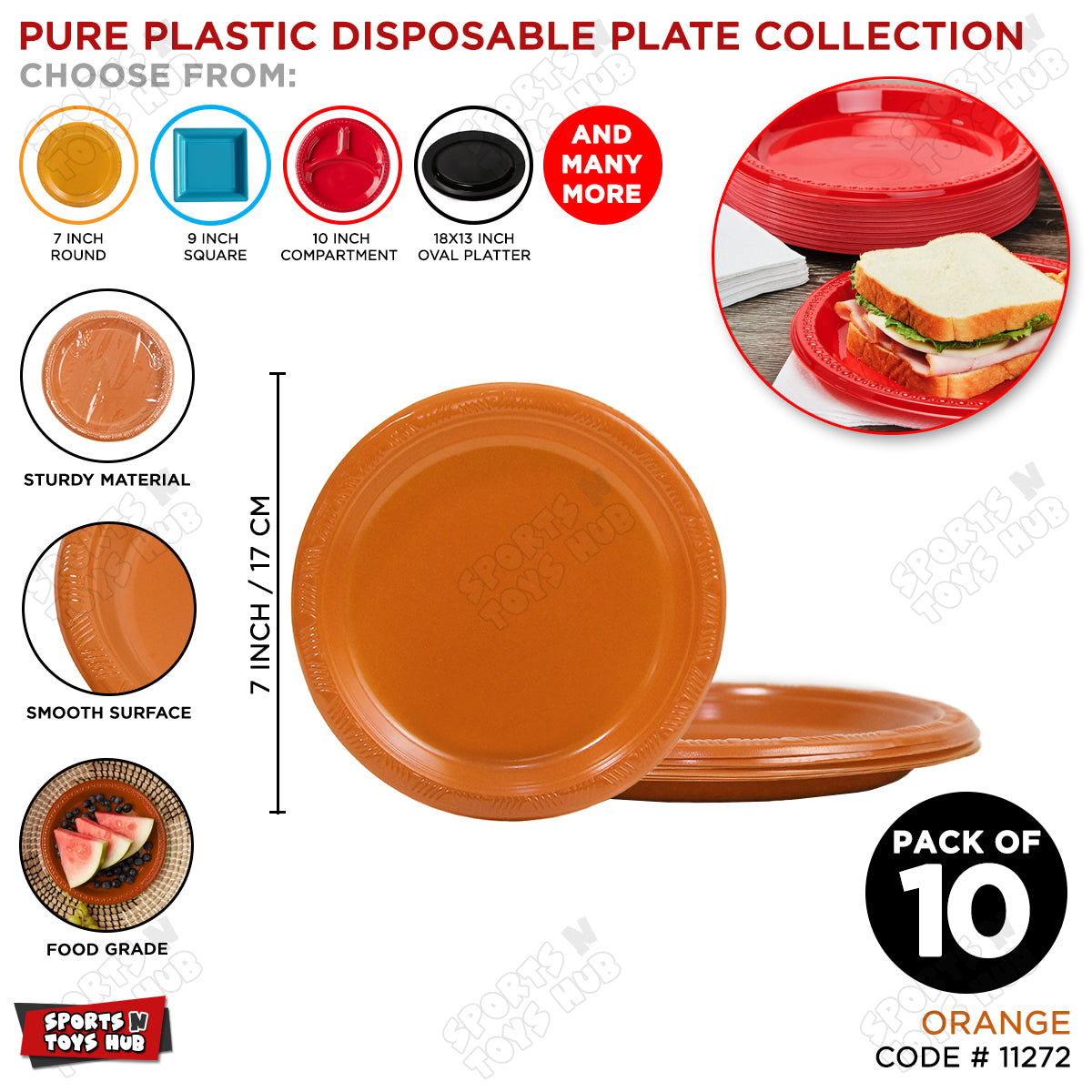 Solid Color Disposable Round Plastic Plates - 7 Inches - Pack of 10