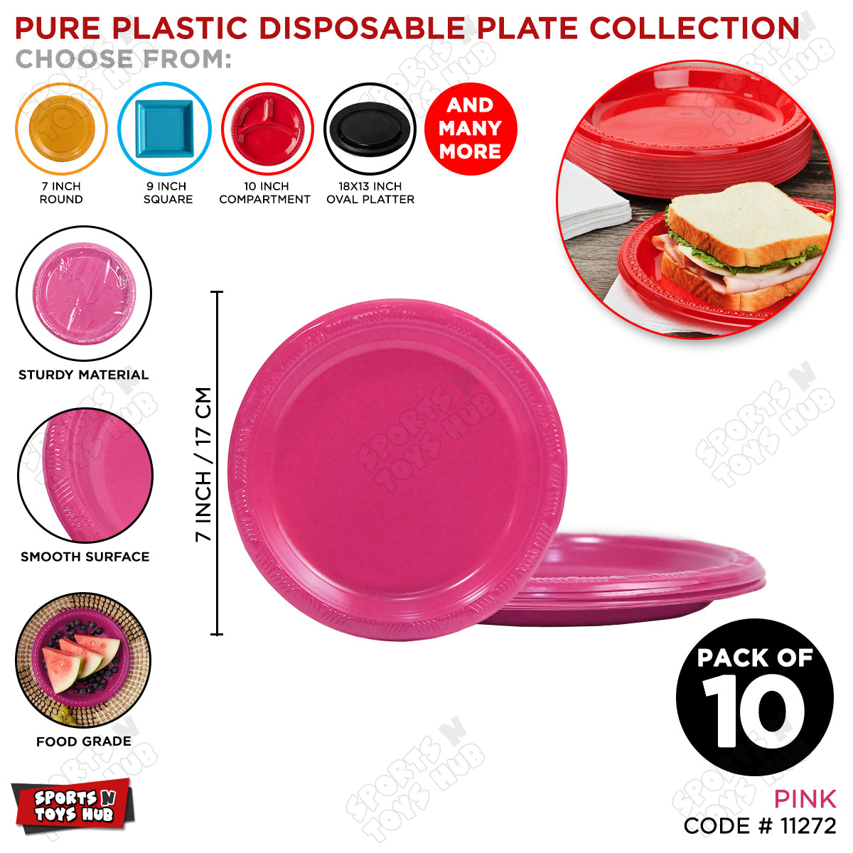 Solid Color Disposable Round Plastic Plates - 7 Inches - Pack of 10