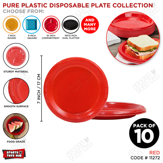 Solid Color Disposable Round Plastic Plates - 7 Inches - Pack of 10