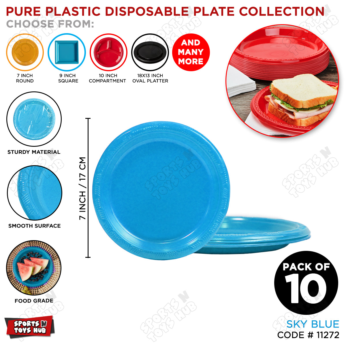 Solid Color Disposable Round Plastic Plates - 7 Inches - Pack of 10