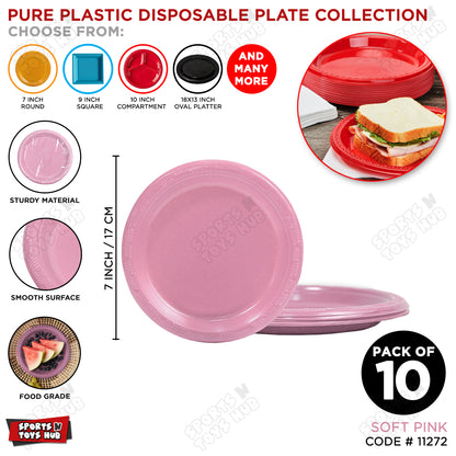 Solid Color Disposable Round Plastic Plates - 7 Inches - Pack of 10