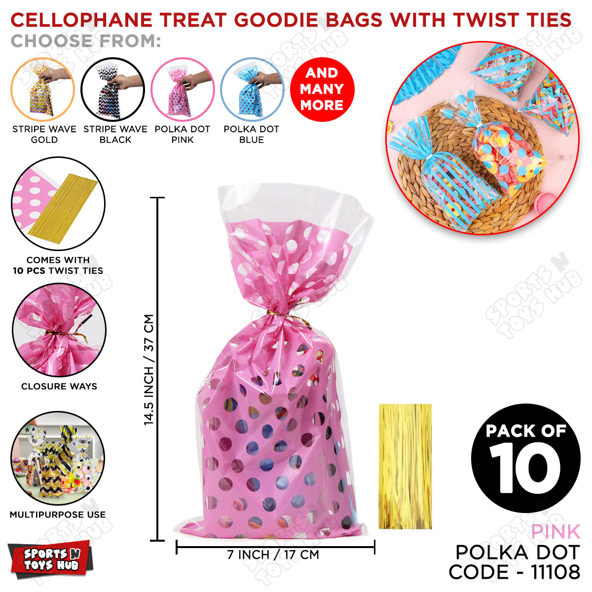 Cellophane Treat Polka Dot Design Goodies Gift Bag With Twist Ties - Pack of 10