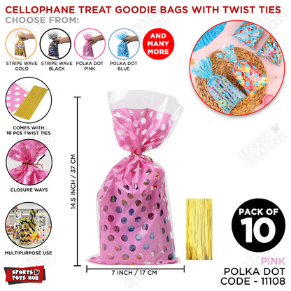 Cellophane Treat Polka Dot Design Goodies Gift Bag With Twist Ties - Pack of 10