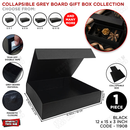 Premium Black Magnetic Closure Gift Box 12 x 15 x 3 Inch – Foldable Luxury Grey Board Gift Packaging Box for Birthday, Wedding, Christmas, Eid, Corporate Hampers & Gift Wrapping
