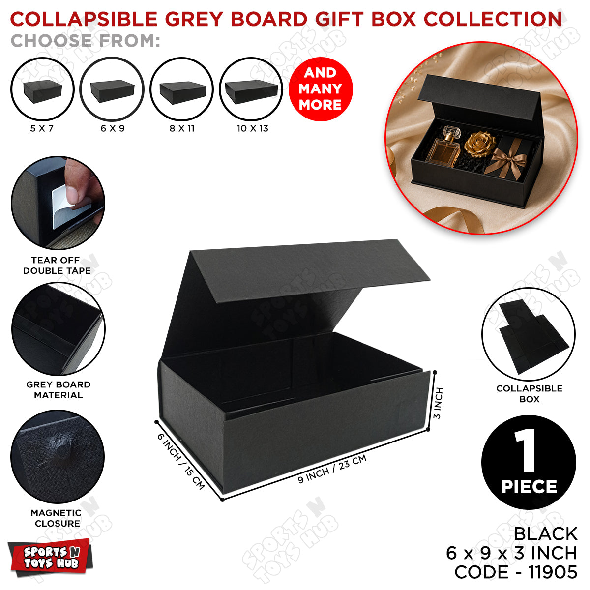 Collapsible Black Magnetic Gift Box – Premium Foldable Grey Board Gift Box for Luxury Gift Packaging, Wedding Gifts, Birthday Presents, Corporate Hampers & Festive Gift Wrapping