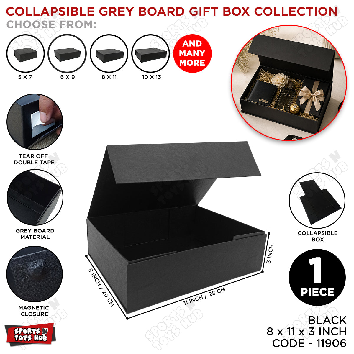 Collapsible Black Magnetic Gift Box – Premium Foldable Grey Board Gift Box for Luxury Gift Packaging, Wedding Gifts, Birthday Presents, Corporate Hampers & Festive Gift Wrapping