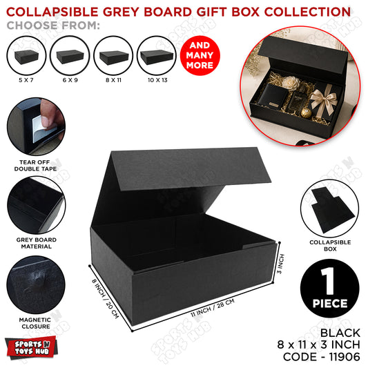 Collapsible Black Magnetic Gift Box 8 x 11 x 3 Inch – Premium Foldable Grey Board Luxury Gift Packaging Box for Wedding Gifts, Birthday Presents, Corporate Hampers, Festive Gift Wrapping & Keepsake Storage